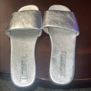 Michael Kors Silver Slide Sandals with Glitter Finish